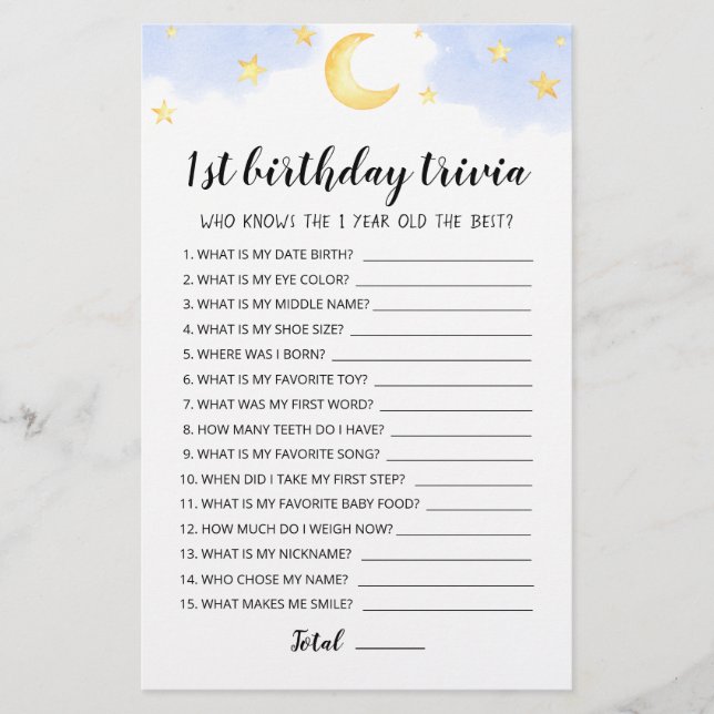 1st Birthday Trivia editable game (Front)