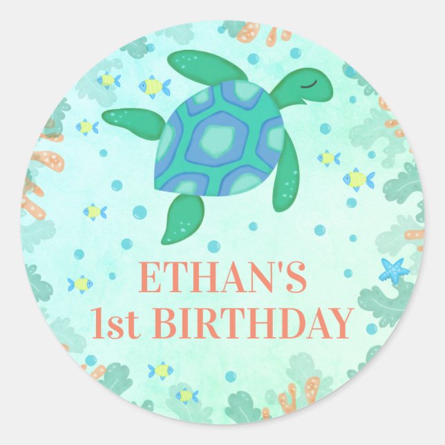 1st Birthday Turtle Under The Sea Party Classic Round Sticker (Front)