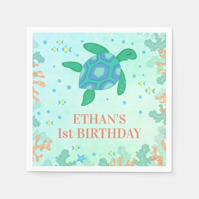 1st Birthday Turtle Under The Sea Party Napkin (Front)