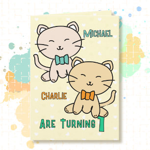 1st Birthday Twin Boys Cute Cat Cartoon Adorable Card
