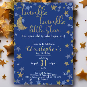 1st Birthday Twinkle Little Star Gold Boy Invitation