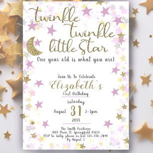1st Birthday Twinkle Little Star Gold Girl  Invitation