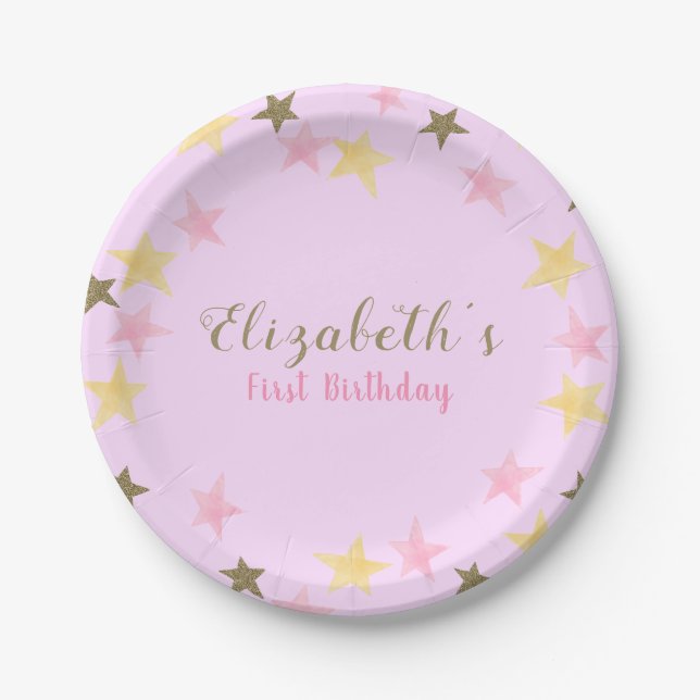 1st Birthday Twinkle Little Star Pink Girl  Paper Plate (Front)