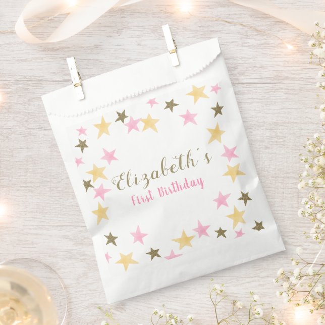 1st Birthday Twinkle Little Star Pink Gold Girl  Favour Bag (Clipped)