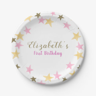 1st Birthday Twinkle Little Star Pink Gold Girl Paper Plate