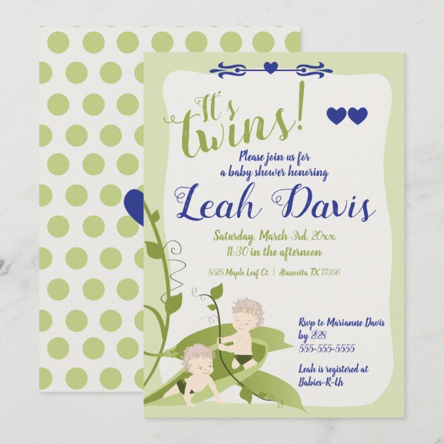 1st Birthday, Twins Baby Shower Sweet Peas Boy Invitation (Front/Back)