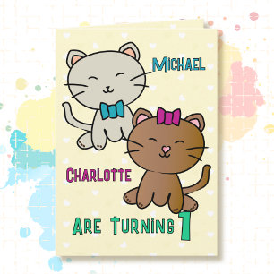 1st Birthday Twins Cute Kitten Cartoon Adorable Card