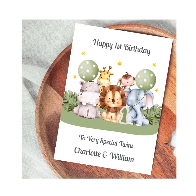 1st Birthday Twins Safari Leaf Animals Card (Creator Uploaded)