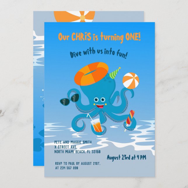 1st birthday under the sea octopus boy party invitation (Front/Back)