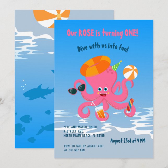 1st birthday under the sea octopus girl party  invitation (Front/Back)