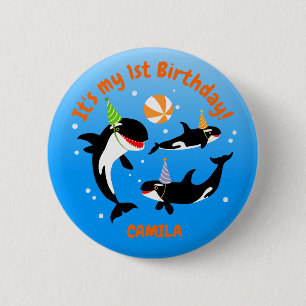 1st birthday under the sea orca whale baby girl 6 cm round badge