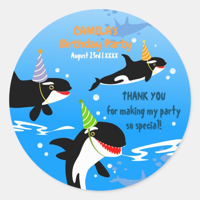1st birthday under the sea orca whale baby girl classic round sticker (Front)