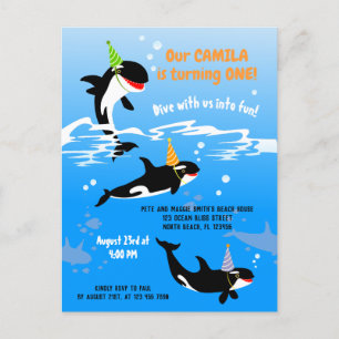 1st birthday under the sea orca whale baby girl invitation postcard