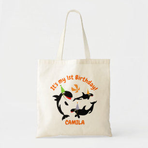 1st birthday under the sea orca whale baby girl tote bag