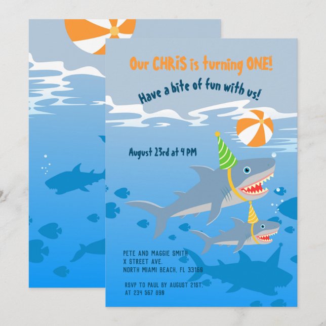 1st birthday under the sea shark whale boy party invitation (Front/Back)