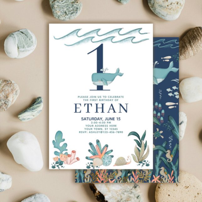 1st Birthday Under the Sea Watercolor Whale Invitation (Creator Uploaded)