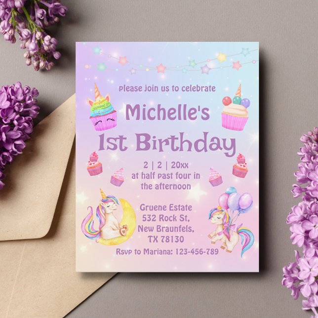 1st birthday  unicorns cupcakes girly invitation (Creator Uploaded)