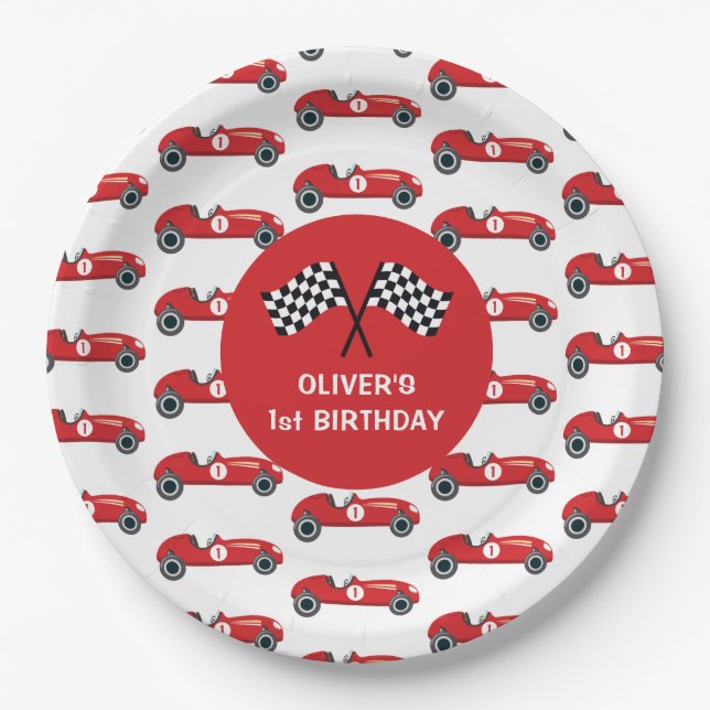 1st Birthday Vintage Racing Car Party  Paper Plate (Front)