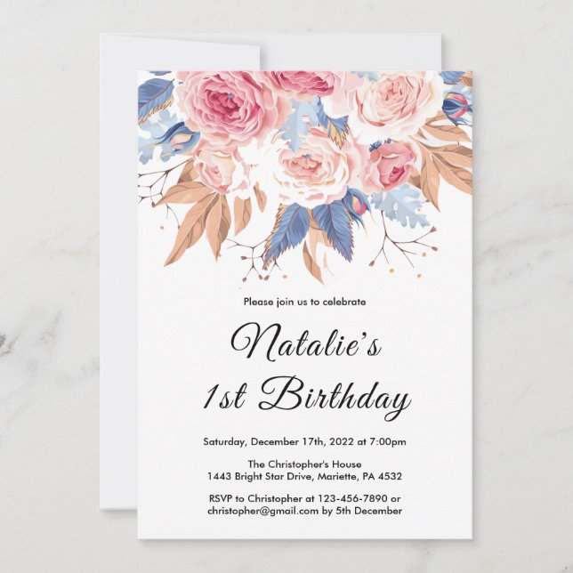 1st Birthday Watercolor Botanical Floral Flowers Invitation (Front)