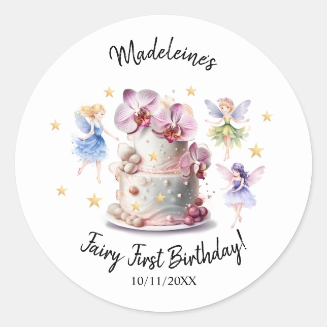 1st Birthday Watercolor Cake Dancing Fairies Classic Round Sticker (Front)