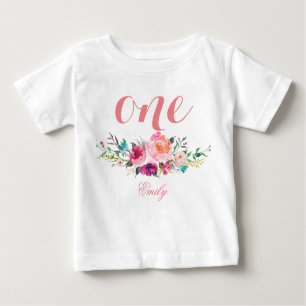 1st Birthday Watercolor Floral Personalised-8 Baby T-Shirt