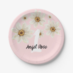 1st Birthday Watercolor Pink Cute Daisy Floral Paper Plate