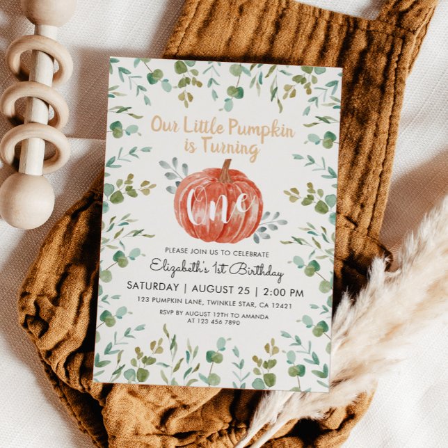 1st Birthday Watercolor Pumpkin & Eucalyptus  Invitation (Creator Uploaded)