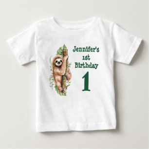 1st Birthday Watercolor Sloth & Tropical Leaves Baby T-Shirt