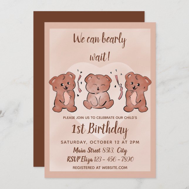1st Birthday - We can Bearly wait Invitation (Front/Back)
