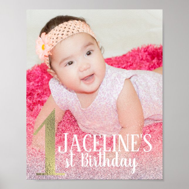 1st Birthday Welcome Faux Pink Glitter Photo Poster (Front)