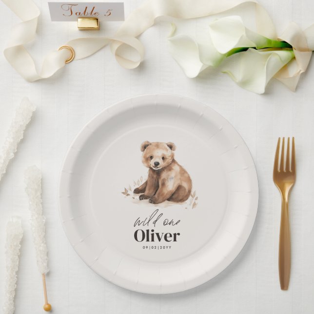 1st Birthday Wild One bear modern elegant party Paper Plate (Wedding)