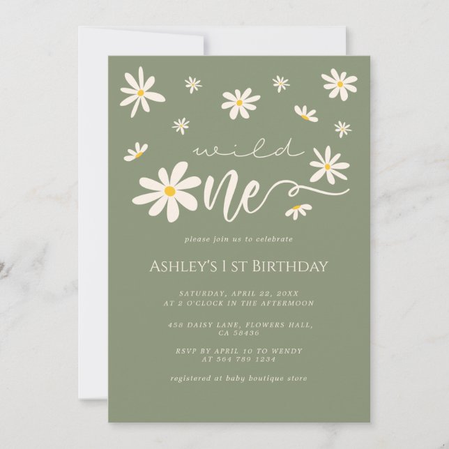 1st Birthday Wild One Daisy Boho Green Invitation (Front)