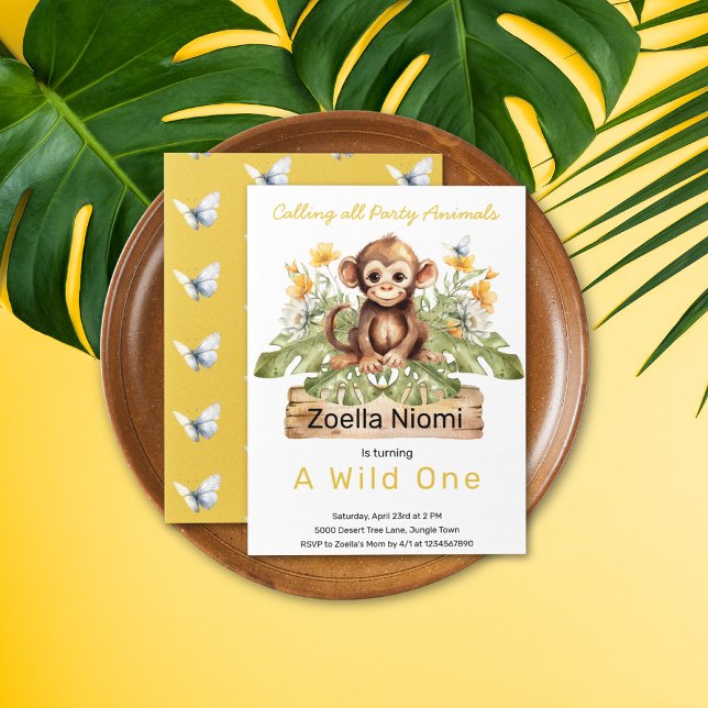 1st Birthday Wild One Jungle Animals Invitation (Safari Jungle Watercolor Monkey Yellow White Flowers Greenery Butterfly Pattern Birthday Invitation)