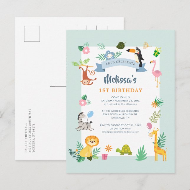 1st Birthday Wild One Jungle Animals Theme Party Invitation Postcard (Front/Back)