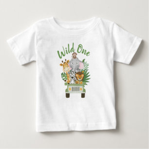 1st Birthday Wild One Jungle Safari Animals in car Baby T-Shirt