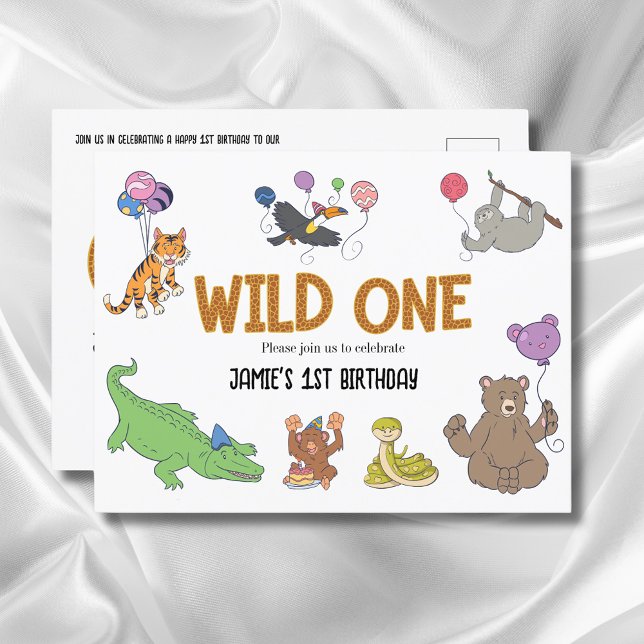 1st Birthday Wild One Jungle Safari Animals Postcard (Wild one 1st birthday invitation postcard.)