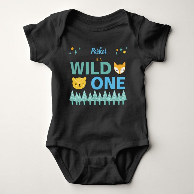 1st Birthday Wild One Woodland Animal Boys Blue Baby Bodysuit (Front)