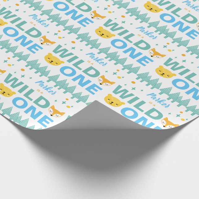 1st Birthday Wild One Woodland Animals Blue Boys Wrapping Paper (Corner)