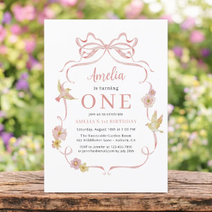 1st Birthday Wildflower Pink Coquette Bow Girl's Invitation