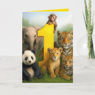 1st Birthday Wildlife Animal Babies Card