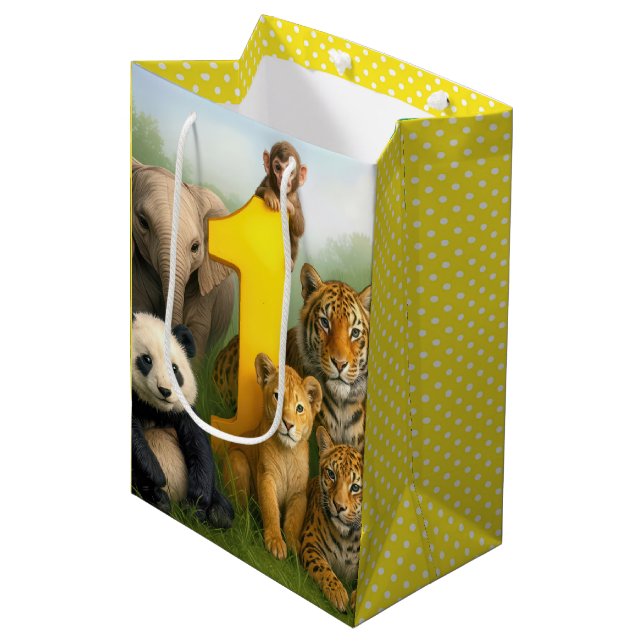 1st Birthday Wildlife Animal Babies Medium Gift Bag (Front Angled)
