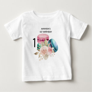 1st Birthday with Macarons and Flowers Watercolor Baby T-Shirt