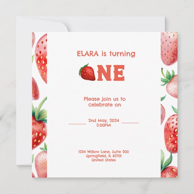 1st birthday with strawberry frame pattern save the date (Front)