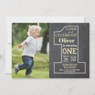 1st Birthday Yellow Chalkboard Photo Invitation