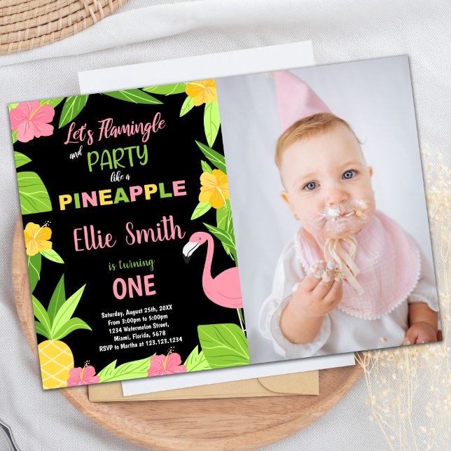 1st Black Flamingo & Pineapple Birthday with photo Invitation (1st Black Flamingo & Pineapple Birthday with photo Invitation)