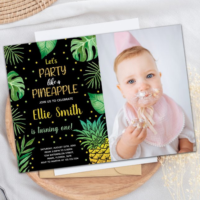 1st Black Green Pineapple Invitations with photo (1st Black Green Pineapple Invitations with photo)