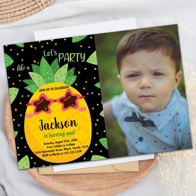 1st Black Orange Pineapple Birthday w photo Invitation (1st Black Orange Pineapple Birthday w photo Invitation)