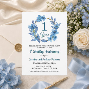 1st Blue Floral Surprise Wedding Anniversary Invitation