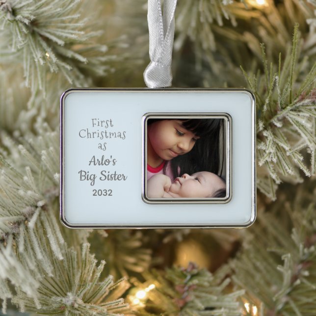 1st Christmas as Big Sister Personalise Name Photo Silver Plated Framed Ornament (Tree)