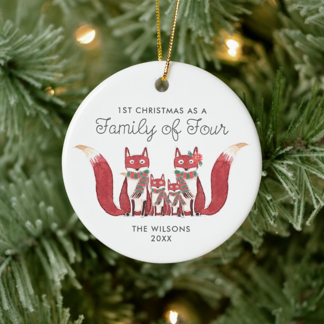 1st Christmas As Family Of Four Personalised Foxes Ceramic Ornament (Tree)